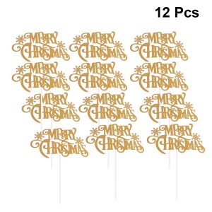 12pcs Paper New Year Cake Topper Merry Christmas Cupcake Topper Flags Happy New Year Cake Pick Decorations for Home