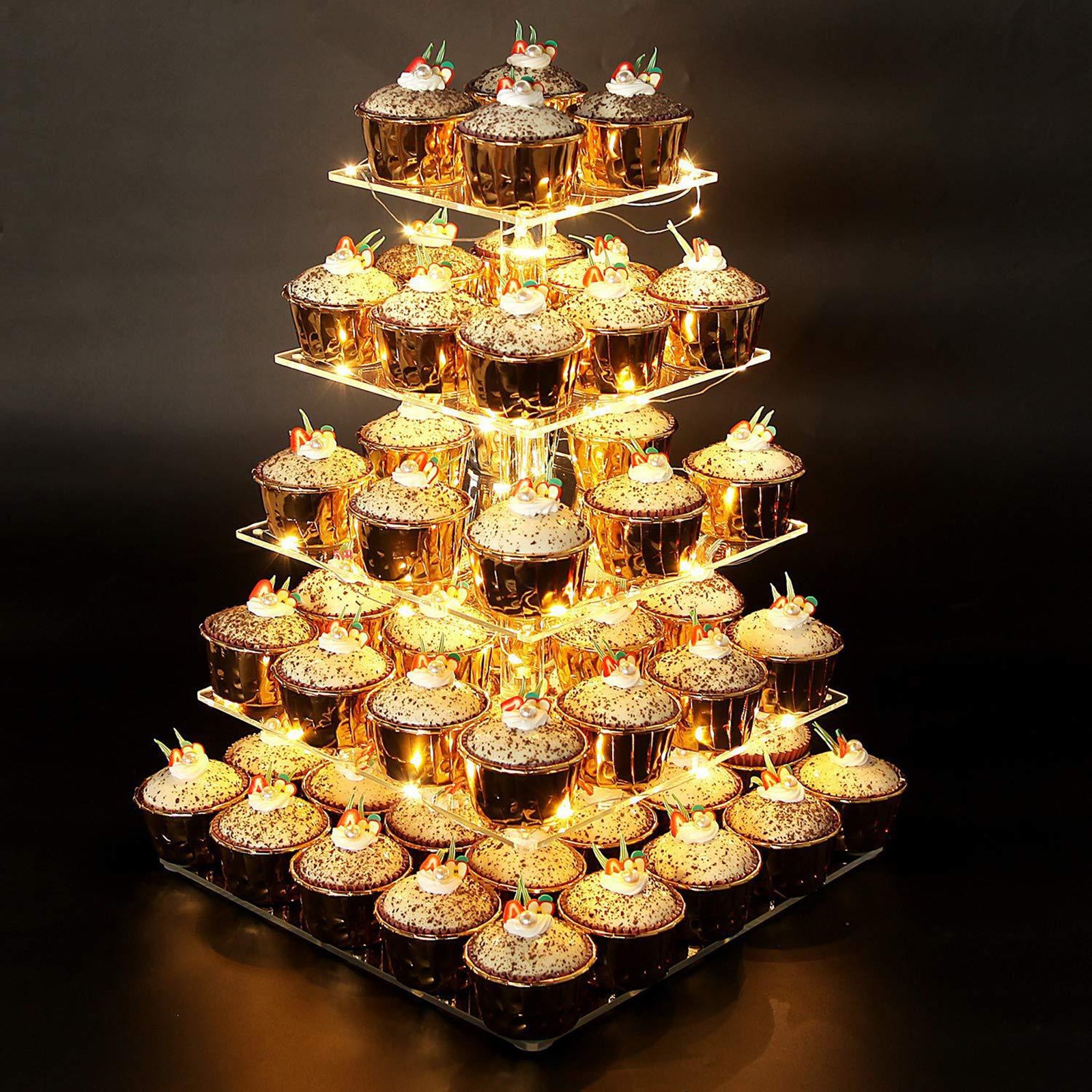 5 Layers Cupcake Stand with LED String Light Wedding Party Display Tower Tray Dessert Cake Holder