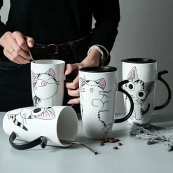 cute cat ceramics coffee mug with lid large capacity