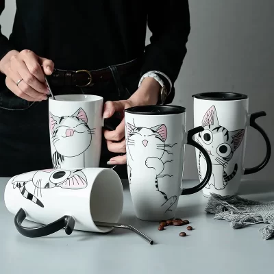 Cute Cat Ceramics Coffee Mug with Lid Large Capacity