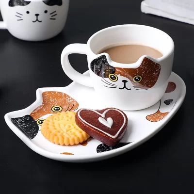 Cute Cat Ceramics Coffee Mug Set Handgrip Animal Mugs With Tray