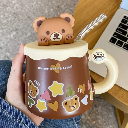 450ml cute ceramic mug with lid spoon