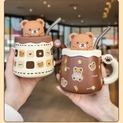 450ml cute ceramic mug with lid spoon