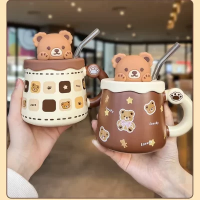 450ml Cute Ceramic Mug with Lid Spoon