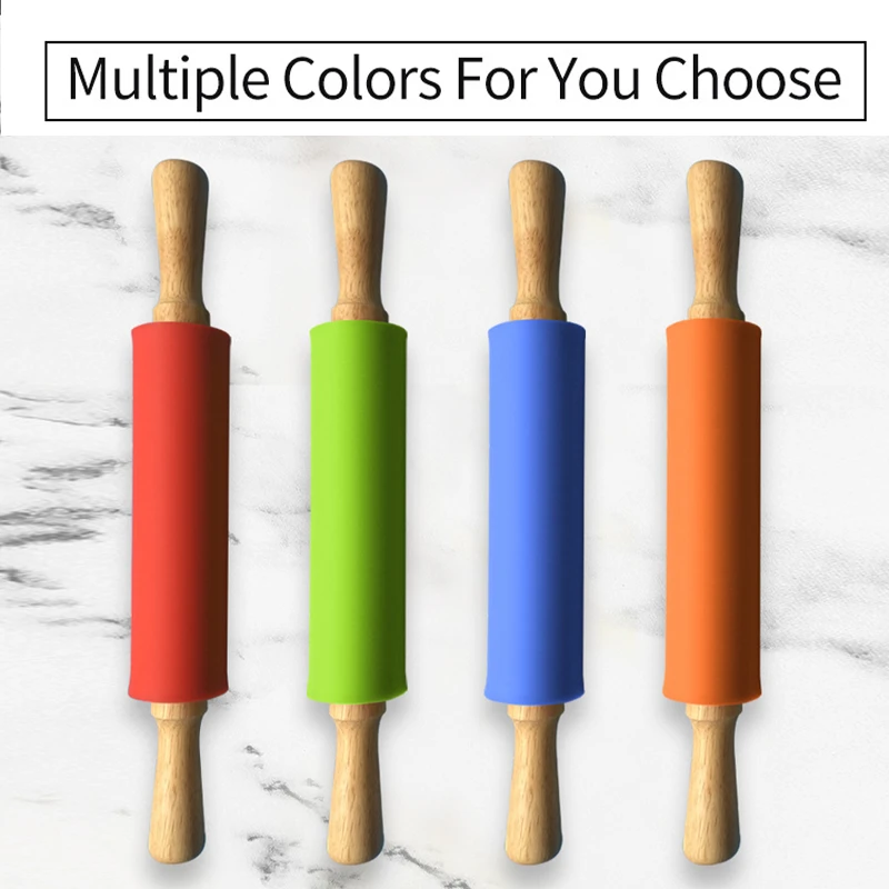 Non-Stick Silicone Rolling Pin Wooden Handle