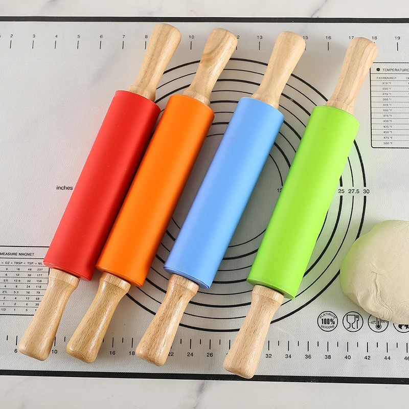 Non-Stick Silicone Rolling Pin Wooden Handle