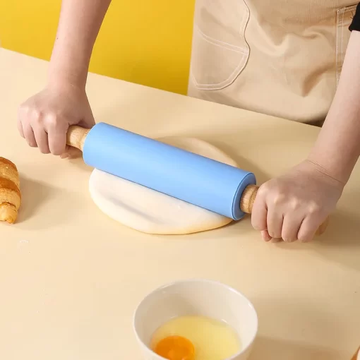 non stick silicone rolling pin wooden handle