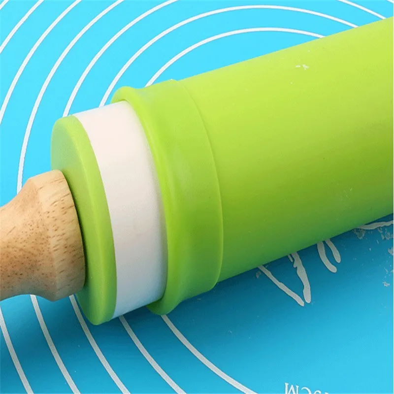 Non-Stick Silicone Rolling Pin Wooden Handle