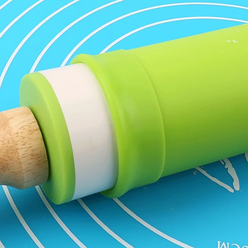 Non-Stick Silicone Rolling Pin Wooden Handle