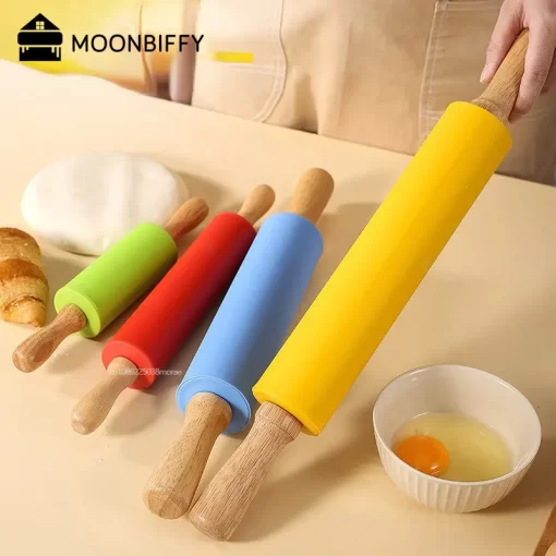 non stick silicone rolling pin wooden handle