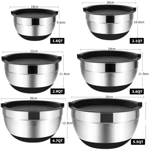 lmetjma 6 pcs mixing bowls with lids and non slip bases stainless steel mixing bowls set for baking nesting storage bowls jt227