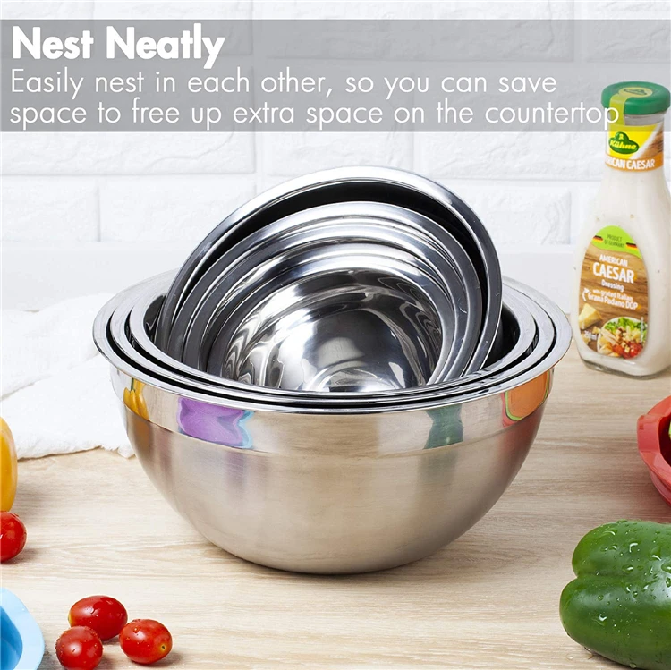 LMETJMA 6 Pcs Mixing Bowls with Lids and Non Slip Bases Stainless Steel Mixing Bowls Set for Baking Nesting Storage Bowls JT227