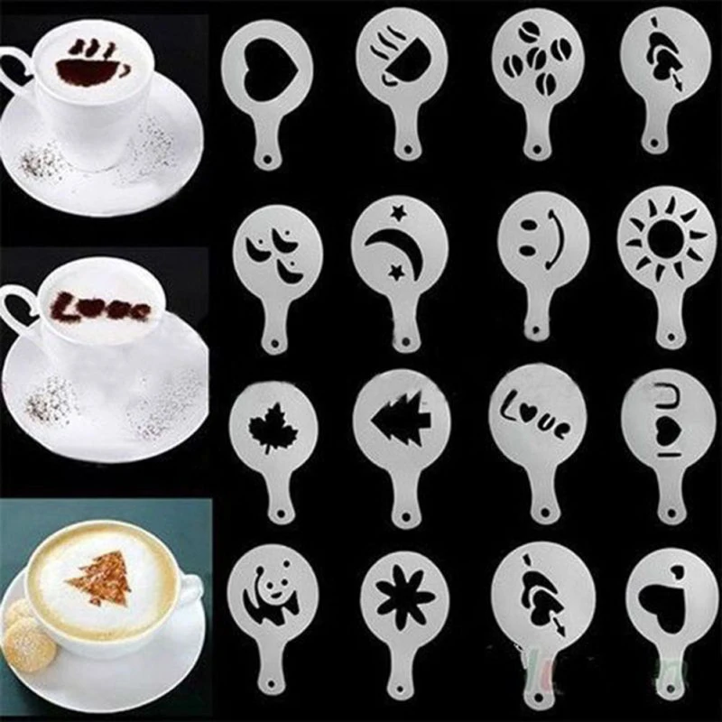 16pcs Plastic Coffee Printing Model Cafe Foam Spray Template Barista Stencils Decoration Tool