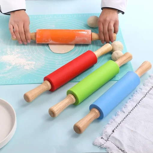 Non-Stick Silicone Rolling Pin Wooden Handle Pastry Dough Flour Roller Kitchen Cooking Baking Tool For Pasta Cookie Dough - Image 2