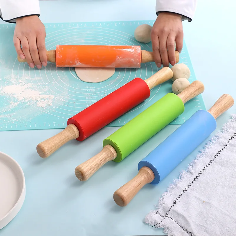 Non-Stick Silicone Rolling Pin Wooden Handle Pastry Dough Flour Roller Kitchen Cooking Baking Tool For Pasta Cookie Dough Non-Stick Silicone Rolling Pin Wooden Handle Pastry Dough Flour Roller Kitchen Cooking Baking Tool For Pasta Cookie Dough - Image 2
