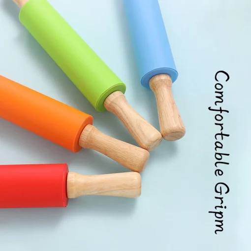 Non-Stick Silicone Rolling Pin Wooden Handle Pastry Dough Flour Roller Kitchen Cooking Baking Tool For Pasta Cookie Dough - Image 3