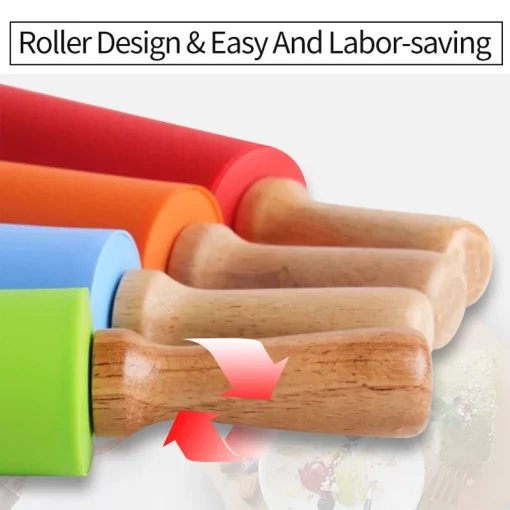 Non-Stick Silicone Rolling Pin Wooden Handle Pastry Dough Flour Roller Kitchen Cooking Baking Tool For Pasta Cookie Dough - Image 4